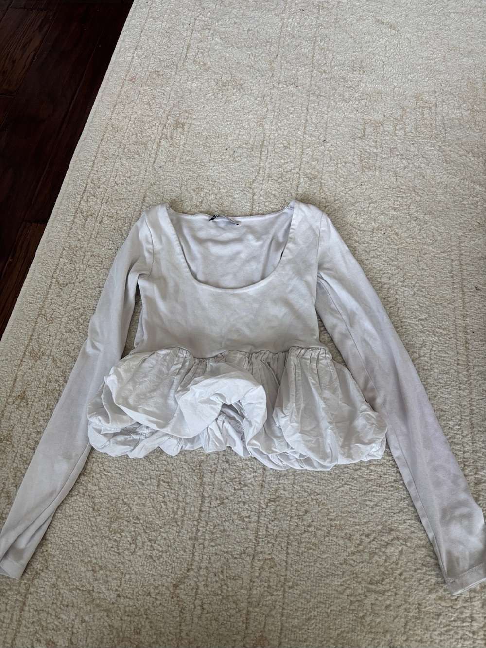 Zara White Long-Sleeve Peplum Scoop Neck Top
